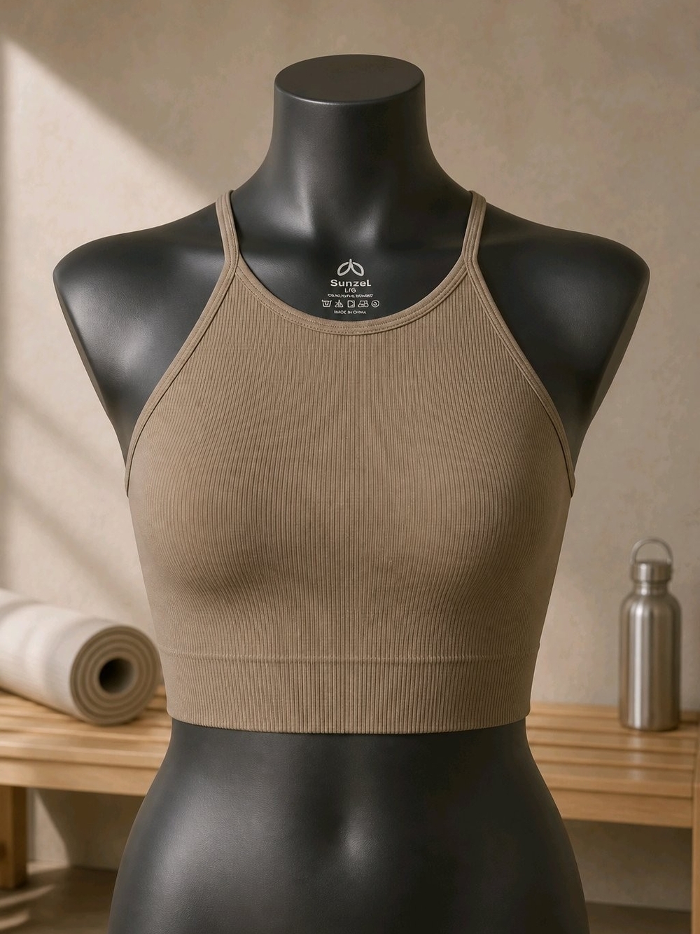 Sunzel Ribbed High-Neck Crop Sports Bra — Taupe